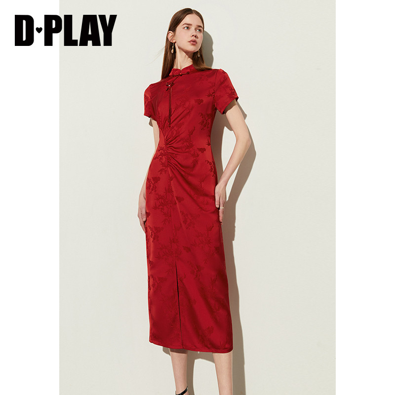 DPLAY夏新中式红色国风缎面提花订婚改良旗袍连衣裙女长裙