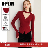 新年毛衣女2026年春 长袖 DPLAY红色针织衫 气质通勤修身