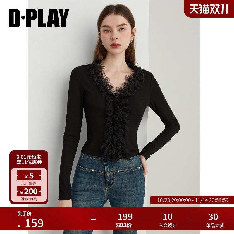 DPLAY2025秋季新款黑色T恤女流行洋气内搭打底衫长袖时尚修身小衫