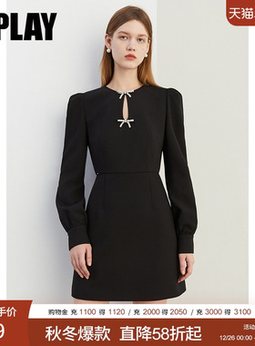 DPLAY2025秋季新款黑色连衣裙女小黑裙气质法式收腰短款裙子长袖