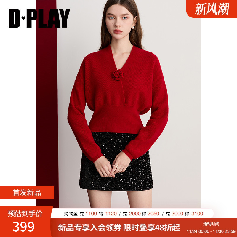 DPLAY2025年冬季新款红色V领毛衣100绵羊毛气质针织衫上衣女