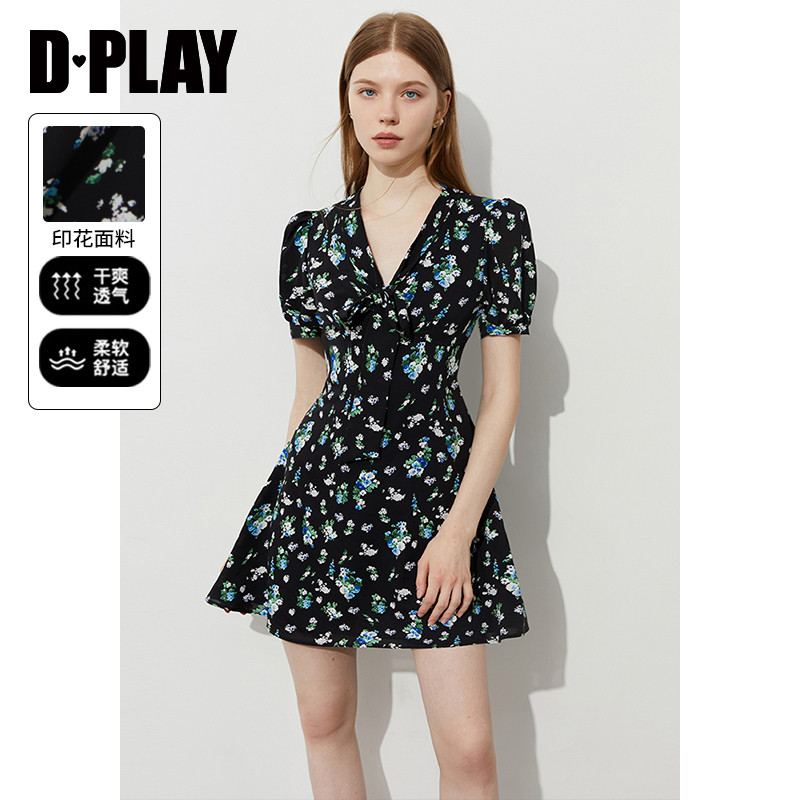 DPLAY夏季新款黑色连衣裙女短款好看法式蝴蝶结裙子短裙