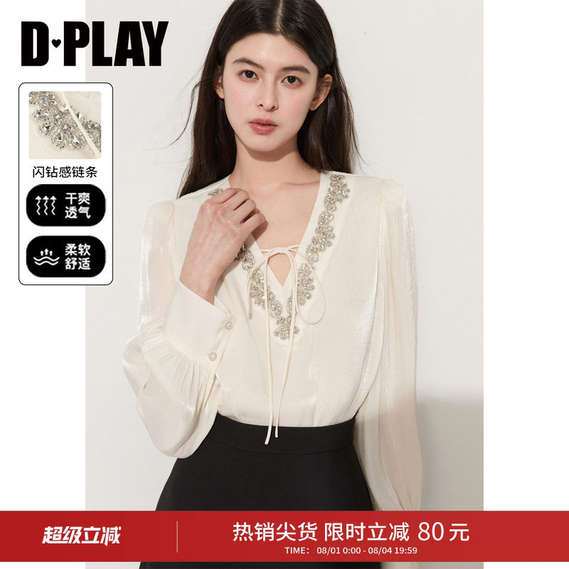 DPLAY白色V领雪纺衫镶钻系带设计感微喇袖时尚衬衫上衣2026年