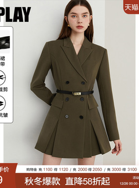DPLAY2025年秋季新款气质通勤绿色色裙子修身长袖西装连衣裙女
