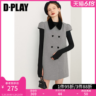 减龄丝绒娃娃领千鸟格爱心双排扣泡泡袖 连衣裙 季 DPLAY德帕拉秋装