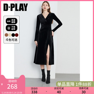 DPLAY春法式风V领长袖名媛气质丝绒礼服裙小黑裙连衣裙