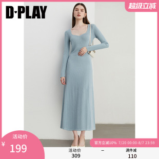 惠品 新款 DPLAY 2025年春季 针织裙子 方领法式 蓝色连衣裙女修身