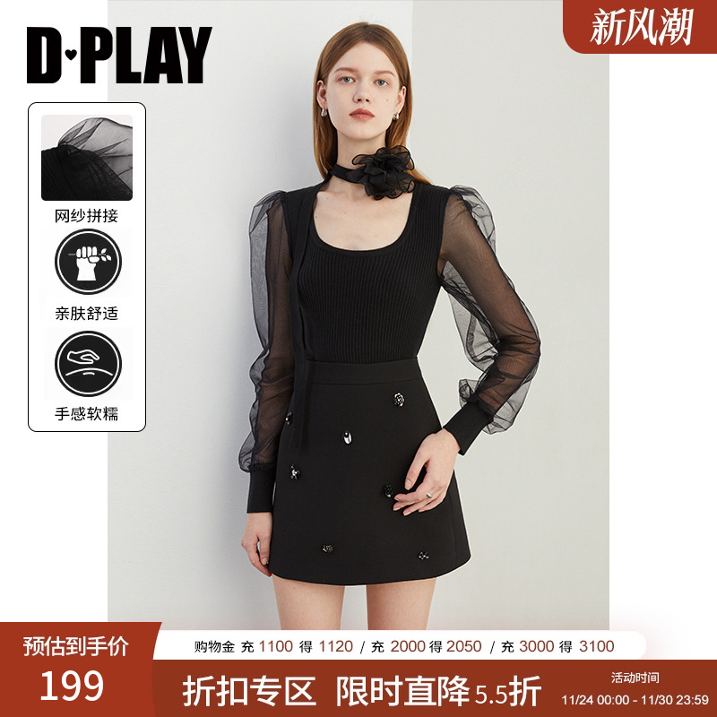 DPLAY低圆领套头网纱泡泡袖针织