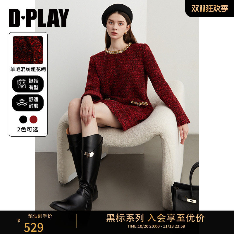DPLAY【黑标】红色连衣裙法式小香风裙子外套女2026冬季