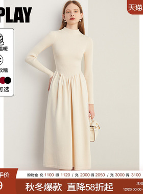 DPLAY【惠品】2025年冬季白色半高领针织连衣裙气质修身女士长裙