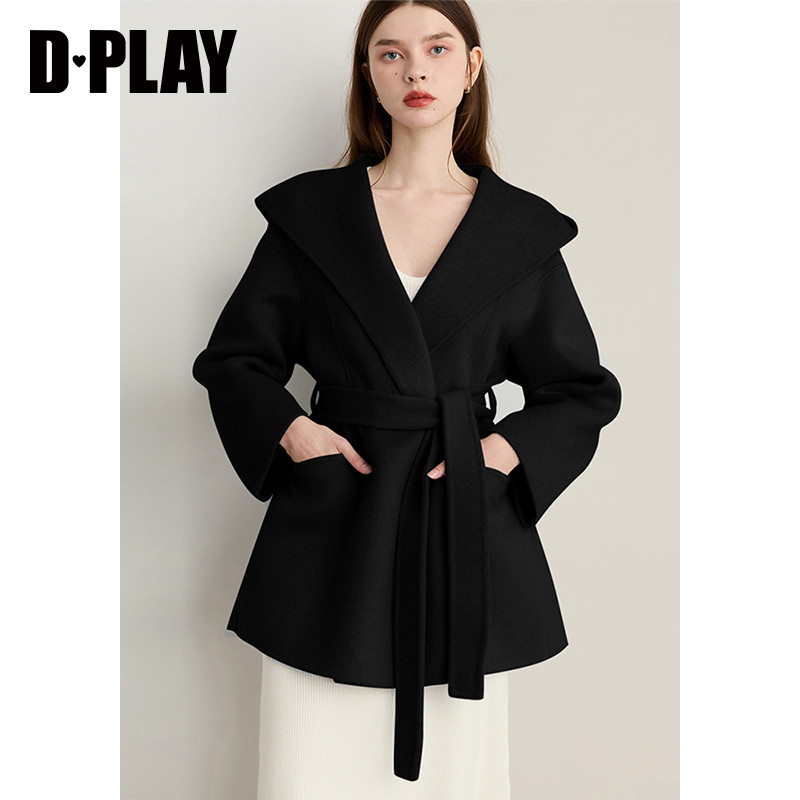 DPLAY冬季新款黑色100羊毛毛呢外套短款双面呢子大衣女