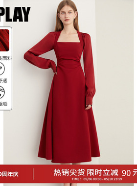 DPLAY红色连衣裙收腰结婚长款长袖裙子订婚礼服红裙长裙敬酒服女