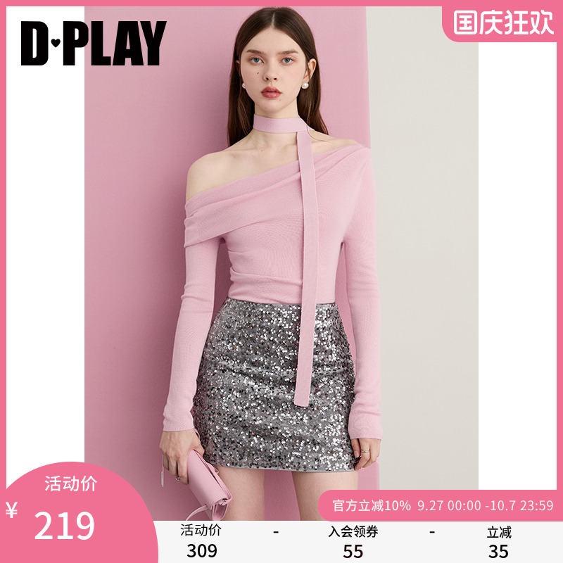 DPLAY2025秋季新款粉色针织衫女修身含羊毛上衣一字肩露肩打底衫