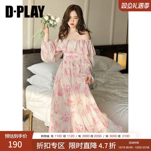 DPLAY德帕拉一字肩荷叶边粉色连衣裙女度假海边沙滩裙长裙裙子