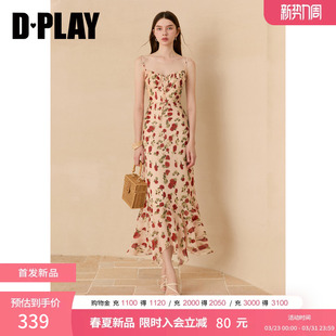 玫瑰长裙2026年夏季 粉色印花吊带连衣裙女法式 度假系列 DPLAY
