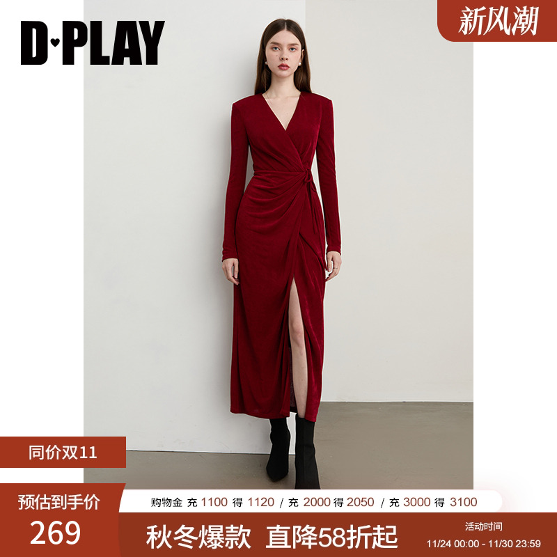 V领斜搭片蝴蝶结绑带连衣裙