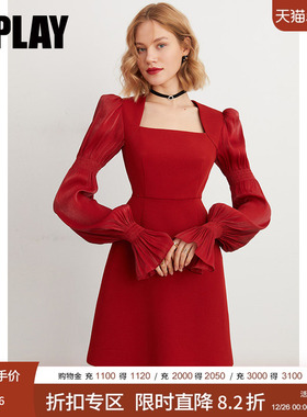 DPLAY2025秋季法式复古红色连衣裙女流行鎏光纱气质礼服裙订婚裙