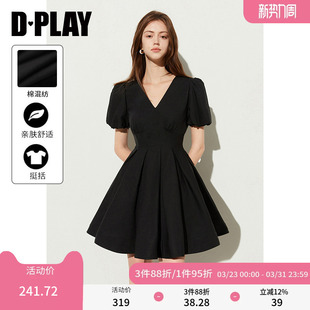 百褶裙短裙连衣裙女小黑裙 黑色V领花苞短袖 DPLAY夏季 气质法式