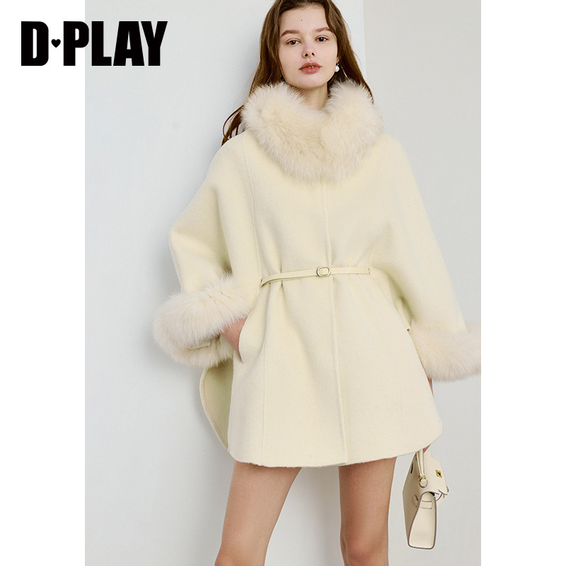 DPLAY冬季轻奢杏色可拆卸狐狸毛领双面羊毛呢大衣女