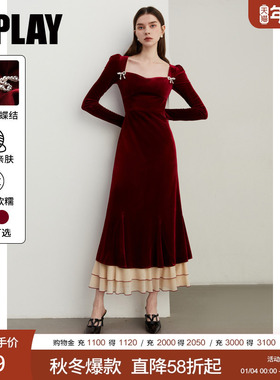 DPLAY2025冬季新款法式方领丝绒红色连衣裙女订婚礼服长裙长袖