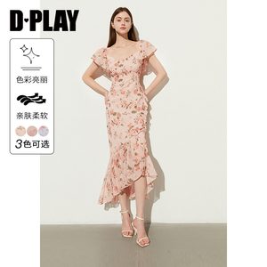 DPLAY2024夏季度假粉色印花裙摆荷叶边收腰海边沙滩雪纺连衣裙