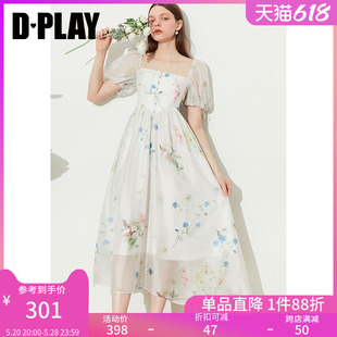 仙女裙野餐裙印花裙 DPLAY夏氛围感南法雏菊度假风方领泡泡袖