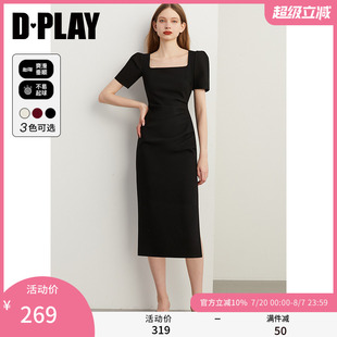 DPLAY2025年夏季 连衣裙侧开衩小黑裙女 气质法式 复古方领泡泡袖