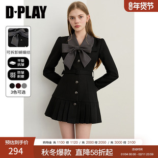 DPLAY2026年春季新款黑色连衣裙女独特蝴蝶结收腰短款裙子短裙