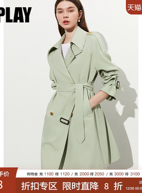 DPLAY2025年秋季高级感OL英伦风绿色大码气质风衣通勤风女士外套