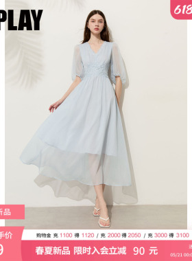 DPLAY蓝色V领拼接蕾丝连衣裙雪纺长裙法式2026夏季新款法式裙子