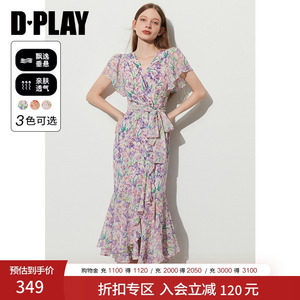 DPLAY2026年夏季紫色印花连衣裙法式茶歇裙长裙度假沙滩裙鱼尾裙