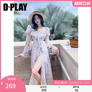 裙子长袖 DPLAY气质海边度假沙滩裙紫色连衣裙女长裙荷叶边长款