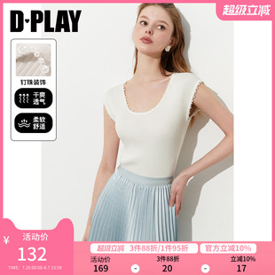 白色t恤女圆领珍珠针织打底衫 DPLAY 新款 惠品 上衣 2025年夏季