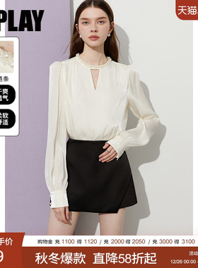 DPLAY2025年秋季新款法式白色衬衫女好看气质圆领打底衫长袖上衣