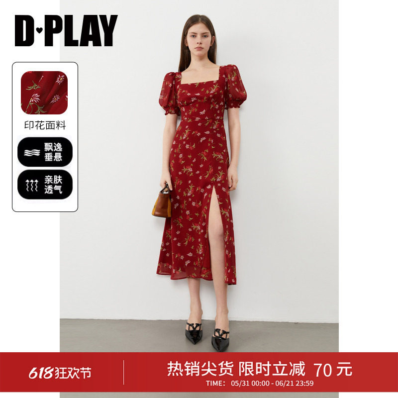 DPLAY2026年夏季红色连衣裙女方领碎花裙雪纺印花短袖连衣裙