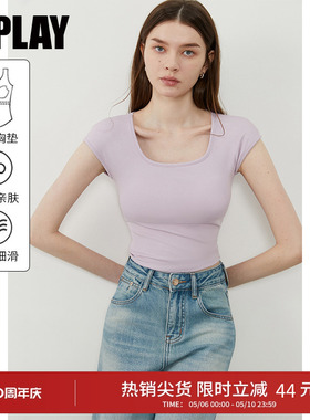 DPLAY夏季新款紫色t恤女上衣含胸垫修身内搭打底衫短袖