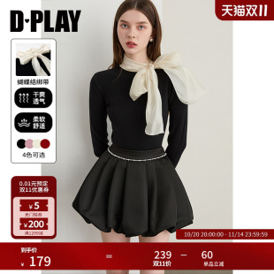 女好看气质网纱蝴蝶结拼接长袖 黑色针织衫 上衣 新款 DPLAY2025秋季