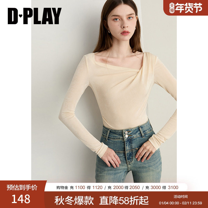 DPLAY2026年春季新款白色不规则领口T恤女修身气质温柔长袖上衣,女装/女士精品,T恤,淘宝优惠券,粉丝福利购,淘宝优惠卷