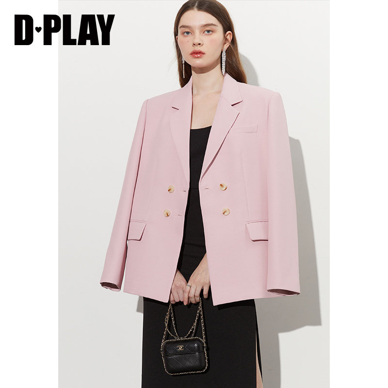 DPLAY秋装新温柔ol风花簇粉翻领立体垫肩宽松女士西装外套