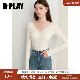 时尚 白色V领保暖内搭女蕾丝含胸垫修身 上衣 新款 DPLAY2025年秋季