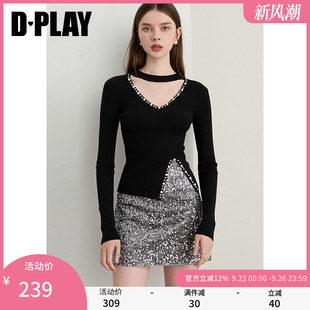 新款 DPLAY 珠光星辰系列 2025年秋季 女珍珠設計上衣 黑色針織衫