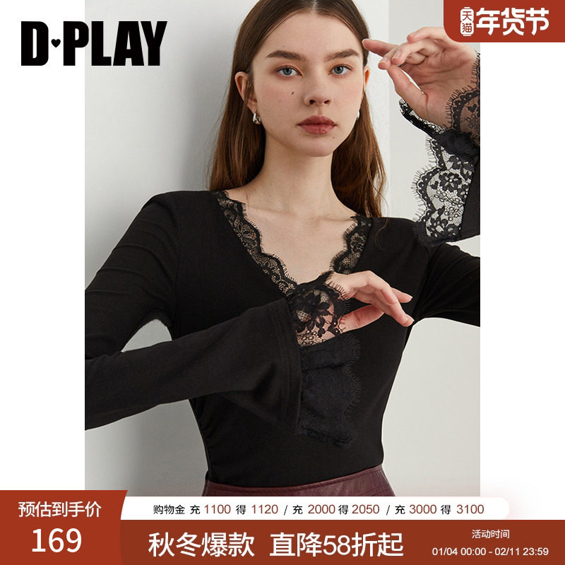 DPLAY2025秋季新款气质简约黑色T恤女洋气时尚修身打底衫小衫长袖
