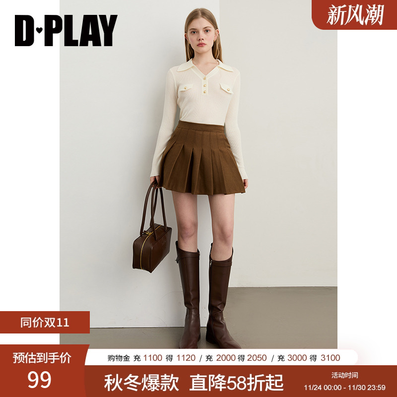 DPLAY2025年秋季新款卡其色半身裙女短款裙子时尚百褶裙短裙半裙