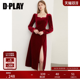 DPLAY新法式 复古红色宫廷领侧开衩礼服裙订婚服回门服敬酒服