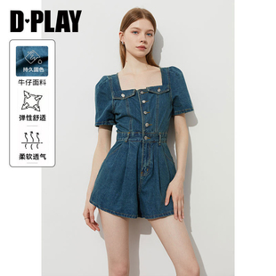 連體短褲 DPLAY2025年夏季 連衣褲 女好看法式 新款 藍色牛仔連體褲