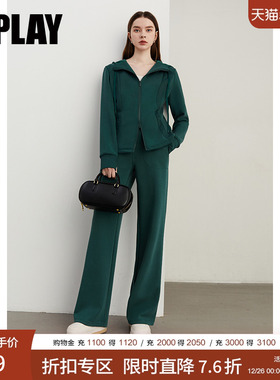 DPLAY冬季新款百搭绿色双开拉链连帽卫衣外套休闲上衣长袖女