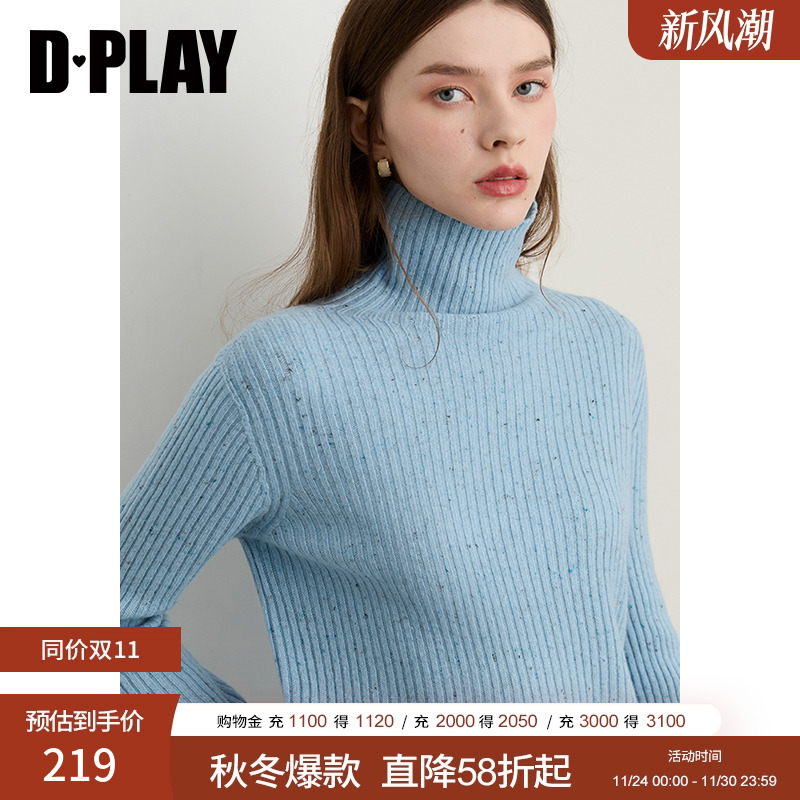 DPLAY2025年秋季新款蓝色100羊毛高领针织衫休闲日常毛衣上衣