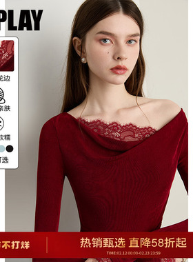 DPLAY2025年秋季新款红色t恤女露肩蕾丝拼接设计感长袖修身上衣