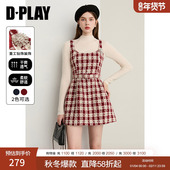 DPLAY2026年春季 新款 红色连衣裙女气质小香风粗花呢裙子格纹短裙