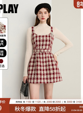 DPLAY2025年秋季新款红色连衣裙女气质小香风粗花呢裙子格纹短裙